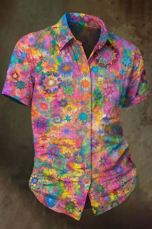 Colorful Flower Art Print Casual 100% Cotton Shirt