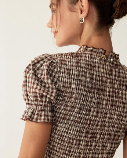 Coffee Plaid Puffed Sleeve Mini Dress
