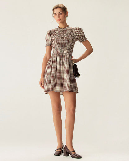 Coffee Plaid Puffed Sleeve Mini Dress